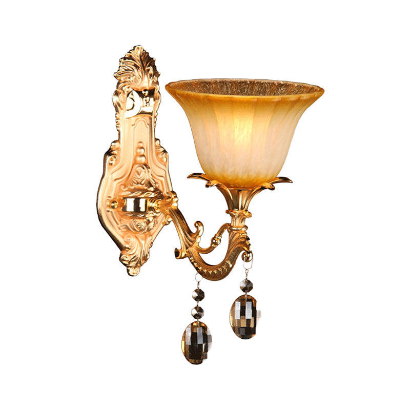 1 Head Amber Glass Sconce Light Traditional Brass Flower Bedroom Wall Mounted Light Clearhalo 'Wall Lamps & Sconces' 'Wall Lights' Lighting' 261379