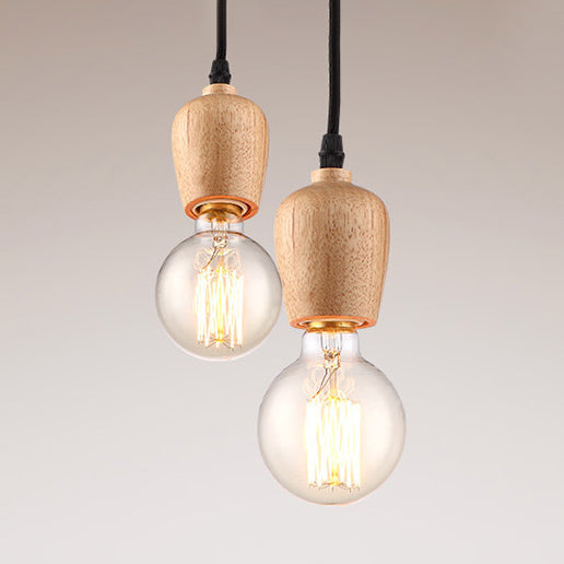 Wooden Cap Hanging Light Loft Style 1 Head Living Room Pendant Lamp with Exposed Bulb and Adjustable Cord, 2