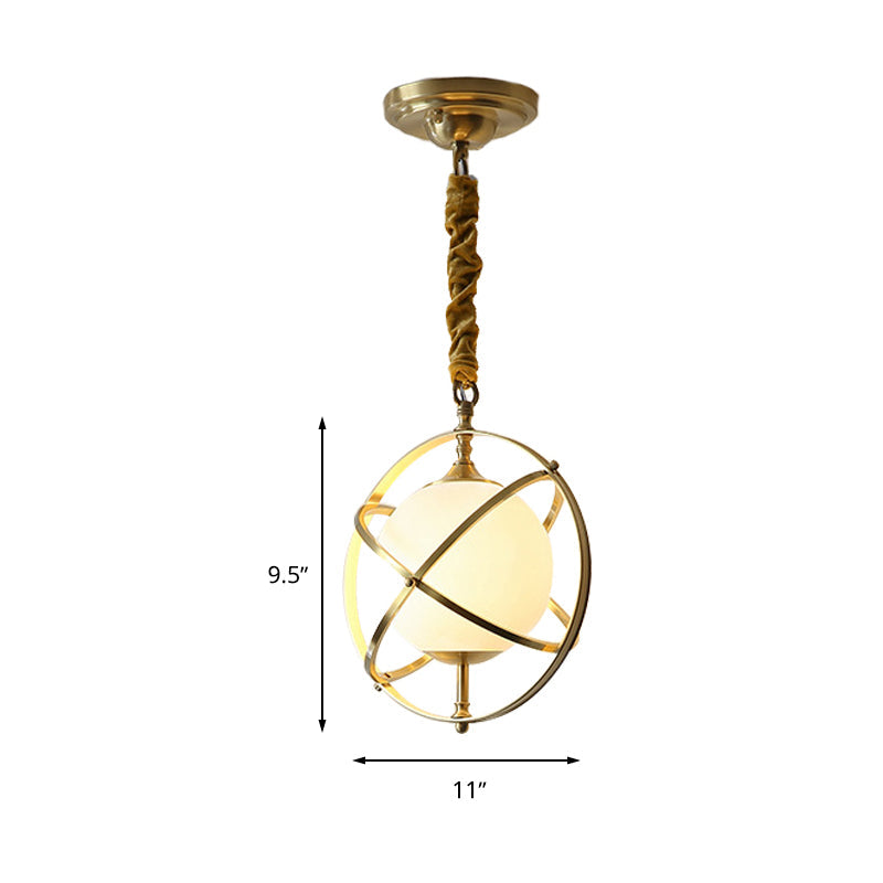 Brass Orbit Pendant Lighting Fixture Postmodern 1 Head Metal Hanging Light with White Glass Shade Clearhalo 'Ceiling Lights' 'Glass shade' 'Glass' 'Modern Pendants' 'Modern' 'Pendant Lights' 'Pendants' Lighting' 261634