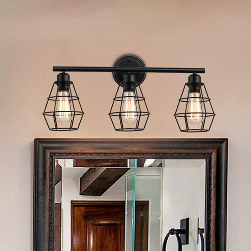 3 Lights Bathroom Vanity Light Iron Black Finish Wall Mounted Mirror Front Clearhalo 'Vanity Lights' 'Wall Lights' Lighting' 2617193