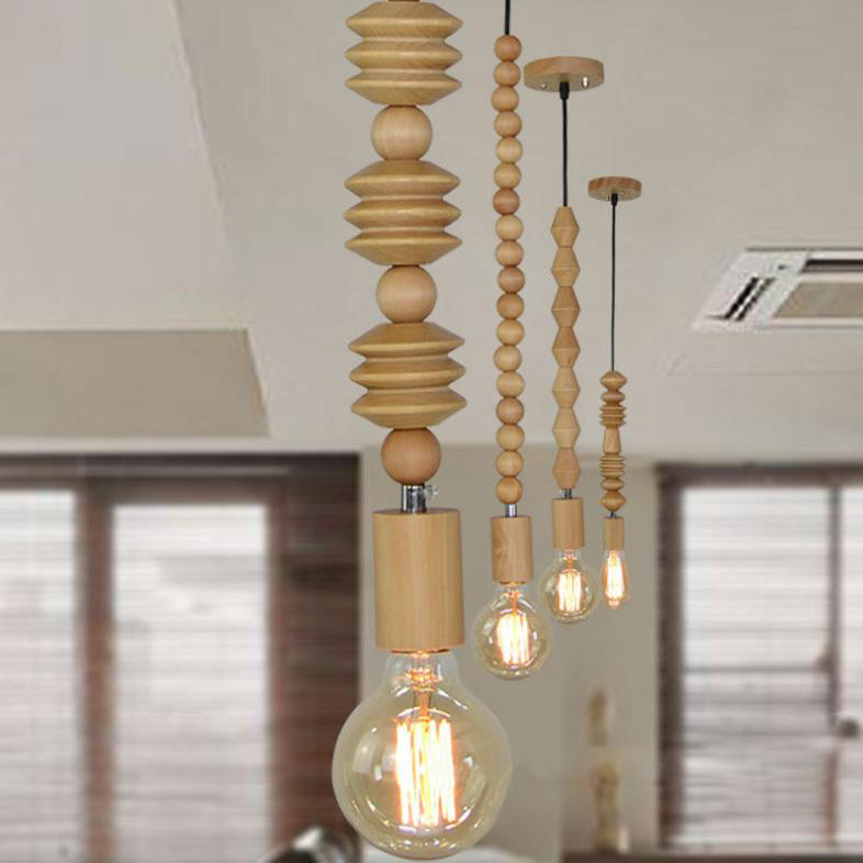 Spherical Bead Wood Hanging Lamp Lodge Style 1 Light Bedside Pendant Lighting with Bare Bulb, 12.5