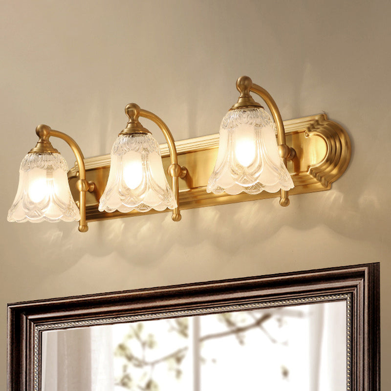 Bathroom Decoration Wall Light Sconce Brass Armed Wall Mounted Mirror Front in Ribbed Glass Shade Clearhalo 'Vanity Lights' 'Wall Lights' Lighting' 2617201