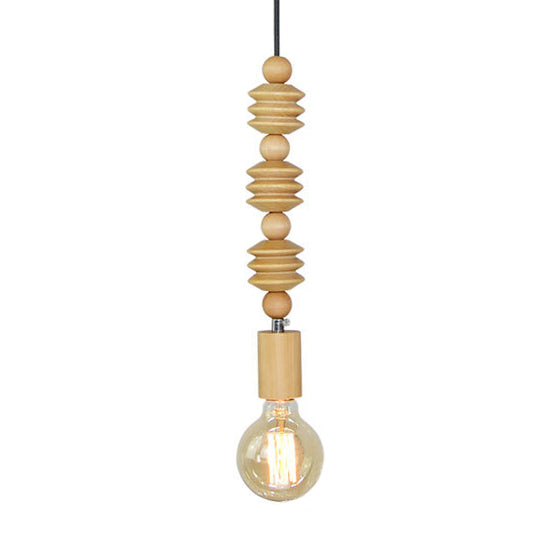 Spherical Bead Wood Hanging Lamp Lodge Style 1 Light Bedside Pendant Lighting with Bare Bulb, 12.5