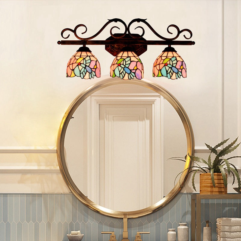 Vintage 3 Lights Vanity Wall Sconce Tiffany Vanity Lamps Bathroom in Multi-Color Glass Shade Clearhalo 'Vanity Lights' 'Wall Lights' Lighting' 2617310