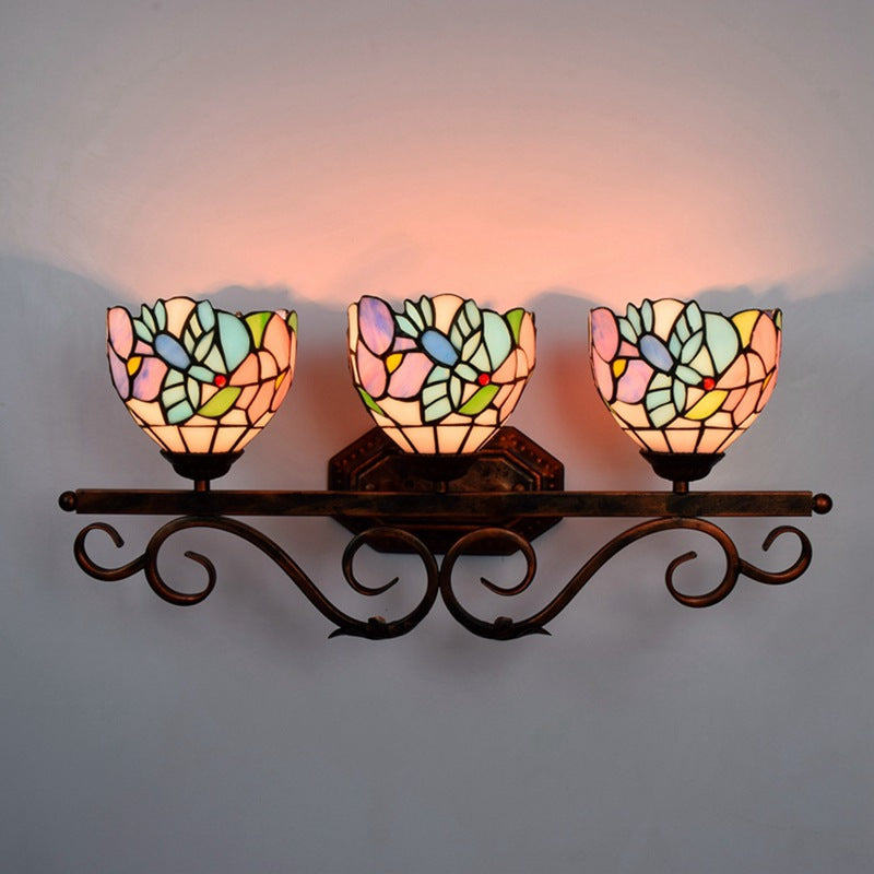 Vintage 3 Lights Vanity Wall Sconce Tiffany Vanity Lamps Bathroom in Multi-Color Glass Shade Clearhalo 'Vanity Lights' 'Wall Lights' Lighting' 2617315