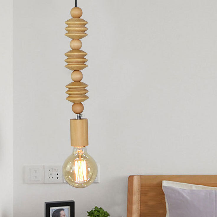 Spherical Bead Wood Hanging Lamp Lodge Style 1 Light Bedside Pendant Lighting with Bare Bulb, 12.5