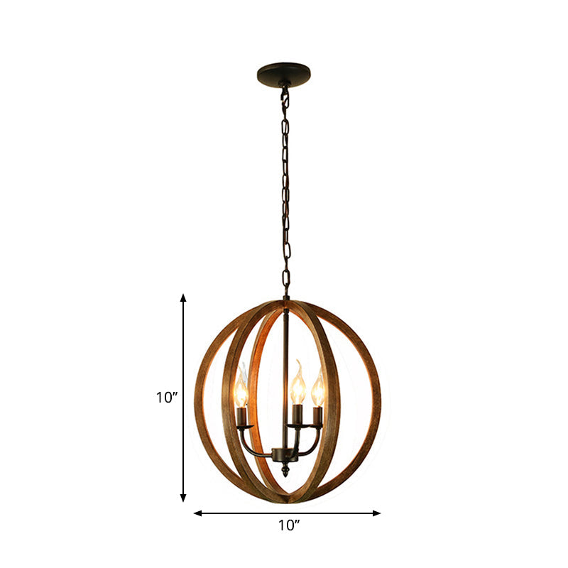 Wooden Spherical Hanging Fixture Loft Industrial 3 Lights Chandelier Pendant Light in Brown for Dining Room Clearhalo 'Carpenter Chandeliers' 'Ceiling Lights' 'Chandeliers' 'Industrial Chandeliers' 'Industrial' 'Middle Century Chandeliers' 'Modern' 'Tiffany' Lighting' 261741