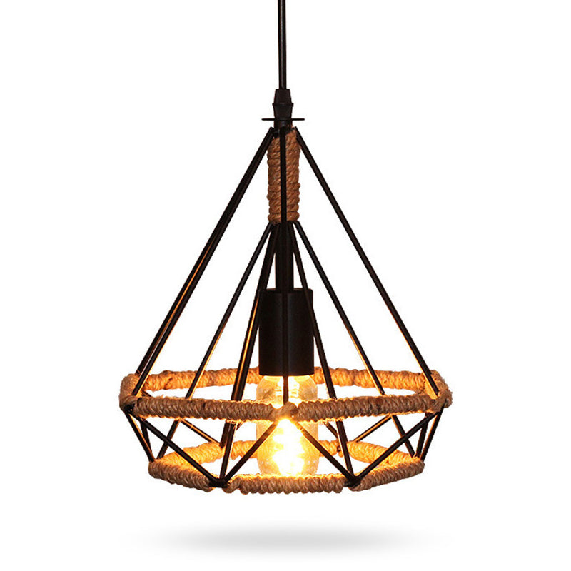 1 Light Diamond Cage Hanging Ceiling Lights Creative Industrial Metal Pendant Light Fixtures for Restaurant Clearhalo 'Ceiling Lights' 'Pendant Lights' 'Pendants' Lighting' 2618301