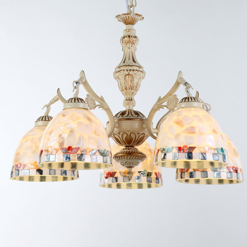 Shell White Chandelier Bell Shade Mediterranean Suspension Lighting for Living Room 5 White Down Clearhalo 'Ceiling Lights' 'Chandeliers' Lighting' 2618388