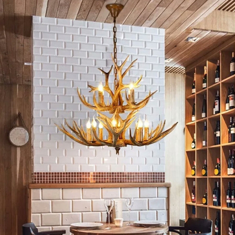 Wood Finish Antler Chandelier Lighting Rustic Resin Living Room Ceiling Suspension Lamp Clearhalo 'Ceiling Lights' 'Chandeliers' Lighting' 2618432