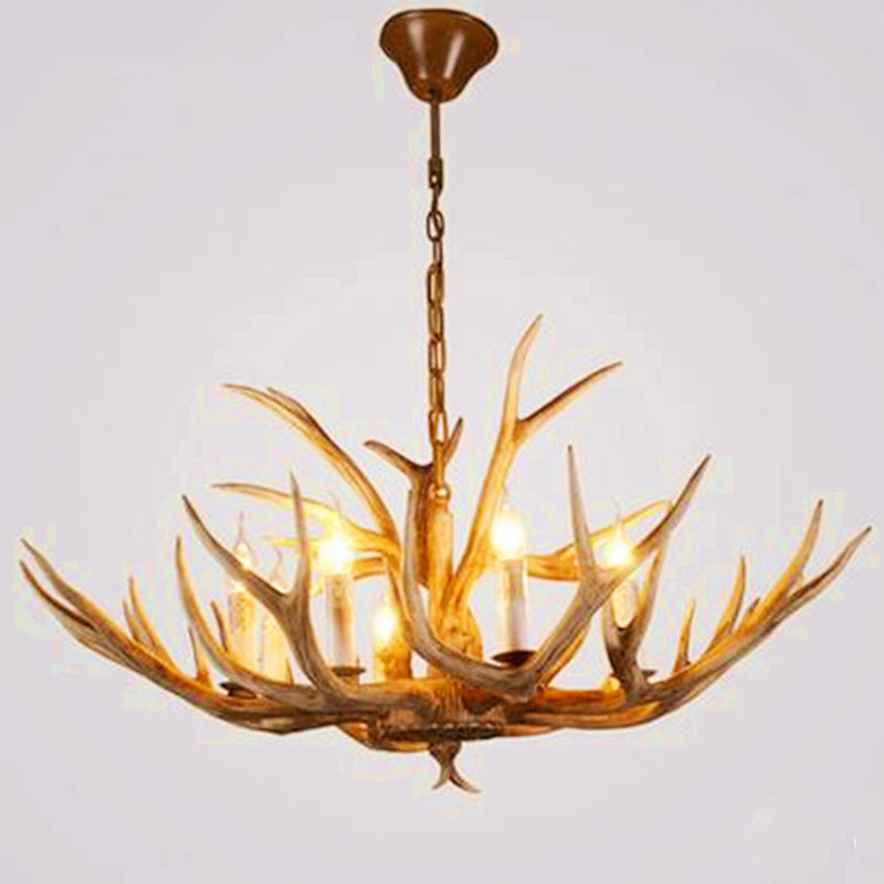 Wood Finish Antler Chandelier Lighting Rustic Resin Living Room Ceiling Suspension Lamp 8 Wood Clearhalo 'Ceiling Lights' 'Chandeliers' Lighting' 2618434