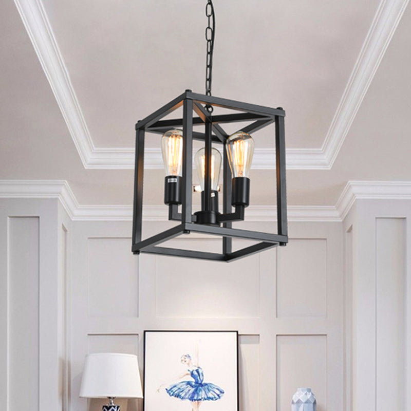 Black Cage Hanging Lamp Industrial Retro Metal Diner Pendant Chandelier in Square Shape Clearhalo 'Ceiling Lights' 'Chandeliers' Lighting' 2618442