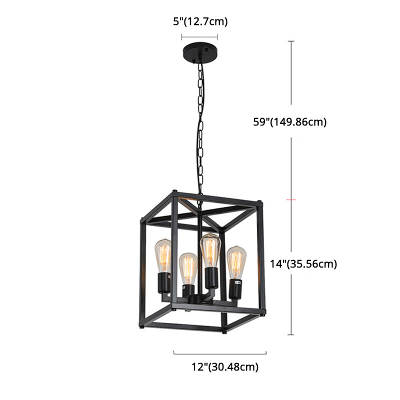 Black Cage Hanging Lamp Industrial Retro Metal Diner Pendant Chandelier in Square Shape Clearhalo 'Ceiling Lights' 'Chandeliers' Lighting' 2618448