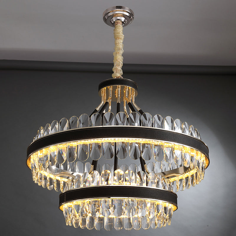 Minimalist Circular LED Chandelier Crystal Living Room Ceiling Pendant Light in Black-Gold Black 19.5