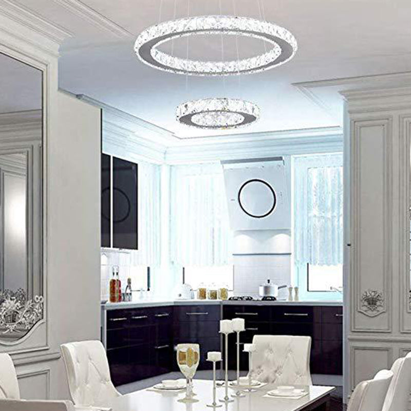 Faceted Crystal Circle LED Pendant Lighting Simplicity Stainless Steel Chandelier for Dining Room Stainless-Steel White Clearhalo 'Ceiling Lights' 'Chandeliers' Lighting' 2618563