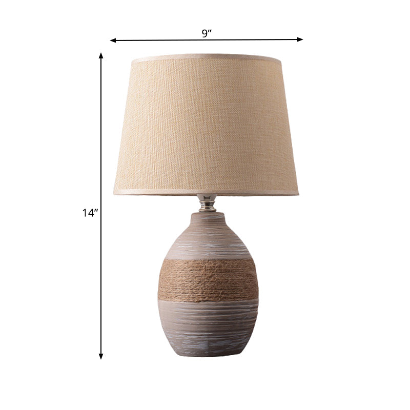 Flaxen/Grey 1-Light Nightstand Lamp Traditional Fabric Drum Desk Light with Trapezoid/Oval/Globe Ceramic Base Clearhalo 'Lamps' 'Table Lamps' Lighting' 261882