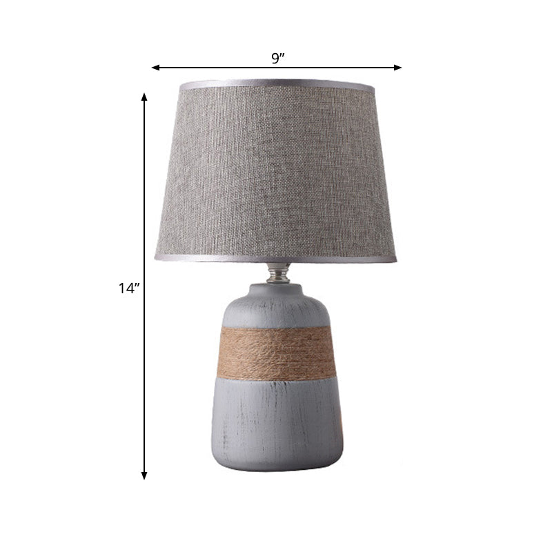 Flaxen/Grey 1-Light Nightstand Lamp Traditional Fabric Drum Desk Light with Trapezoid/Oval/Globe Ceramic Base Clearhalo 'Lamps' 'Table Lamps' Lighting' 261885