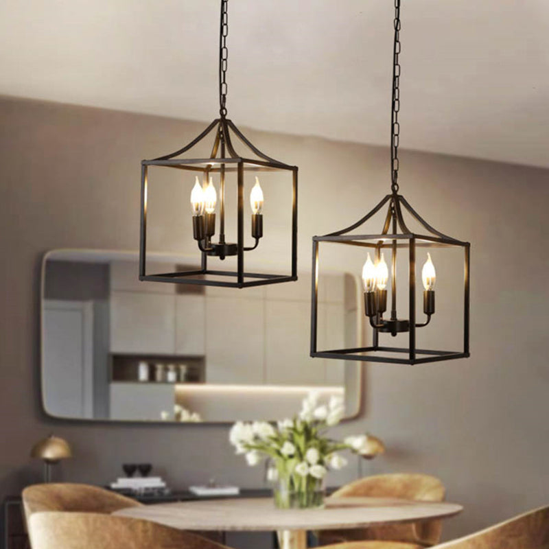 Black 3 Lights Pendant Lighting Retro Square Cage Metal Chandelier Lamp for Diner Clearhalo 'Ceiling Lights' 'Chandeliers' Lighting' options 2619066