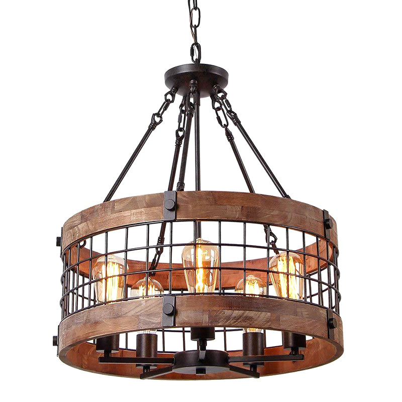 Brown Grid Cage Drum Chandelier Rustic Metal Dining Room Suspension Pendant Light 5 Brown Clearhalo 'Ceiling Lights' 'Chandeliers' Lighting' 2619091