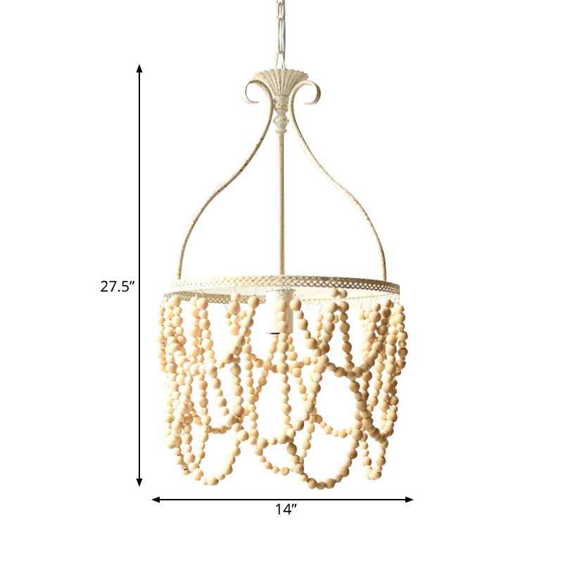 Wooden Beaded Pendulum Pendant Country Style 1 Bulb White Ceiling Lamp with Iron Bellied Vase Hanging Frame Clearhalo 'Ceiling Lights' 'Pendant Lights' 'Pendants' Lighting' 262080