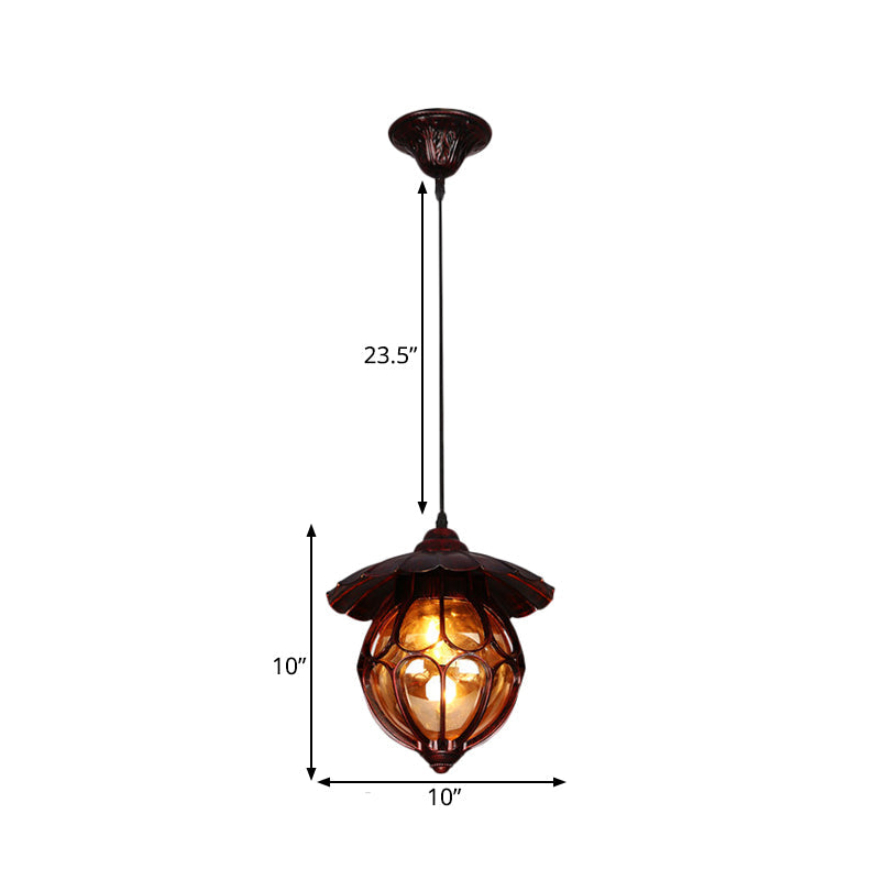 Farmhouse Globe Pendant Light 1 Light Amber Glass Suspension Lamp in Copper with Scalloped Deco Clearhalo 'Ceiling Lights' 'Close To Ceiling Lights' 'Glass shade' 'Glass' 'Pendant Lights' 'Pendants' Lighting' 262340