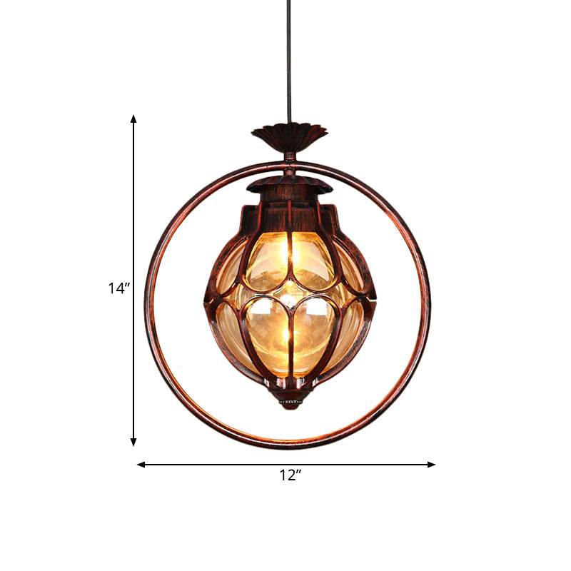 1 Light Suspension Lamp Rustic Globe Amber Glass Hanging Pendant Light in Copper with Iron Ring Clearhalo 'Ceiling Lights' 'Close To Ceiling Lights' 'Glass shade' 'Glass' 'Pendant Lights' 'Pendants' Lighting' 262362