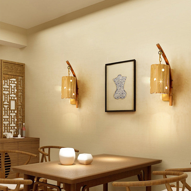 Wood Cylinder/House/Teapot Wall Lamp Tradition Bamboo 1 Bulb Sconce Light Fixture with Curved/Halfcylinder Arm Clearhalo 'Modern wall lights' 'Modern' 'Wall Lamps & Sconces' 'Wall Lights' Lighting' 262373