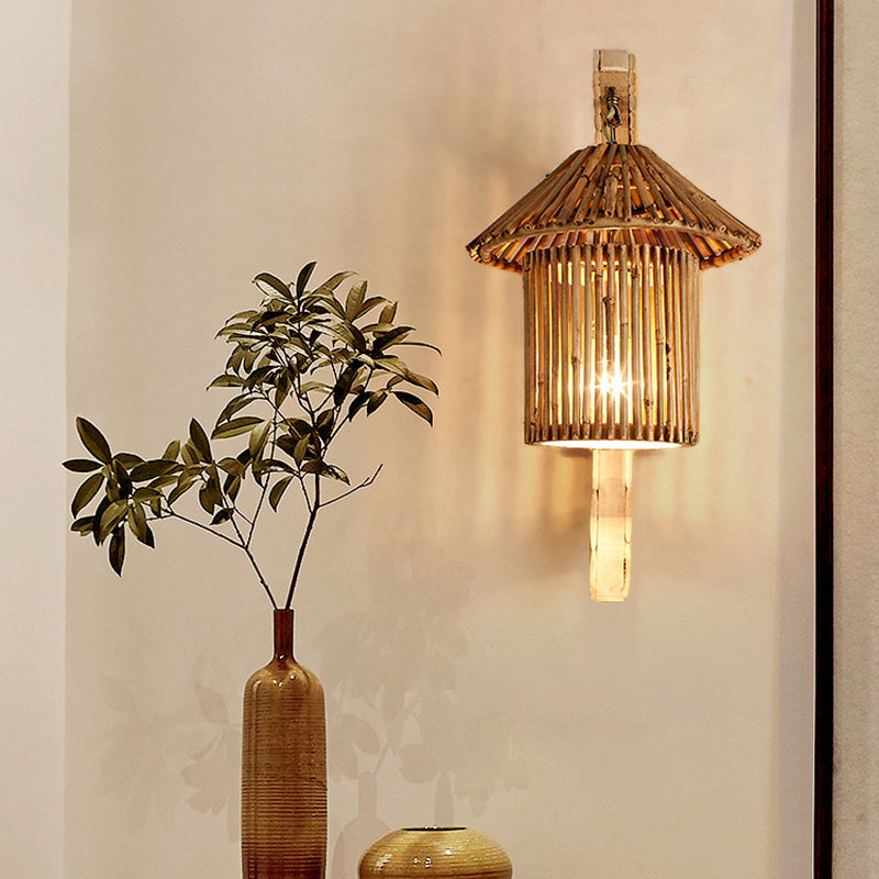 Wood Cylinder/House/Teapot Wall Lamp Tradition Bamboo 1 Bulb Sconce Light Fixture with Curved/Halfcylinder Arm Wood B Clearhalo 'Modern wall lights' 'Modern' 'Wall Lamps & Sconces' 'Wall Lights' Lighting' 262376