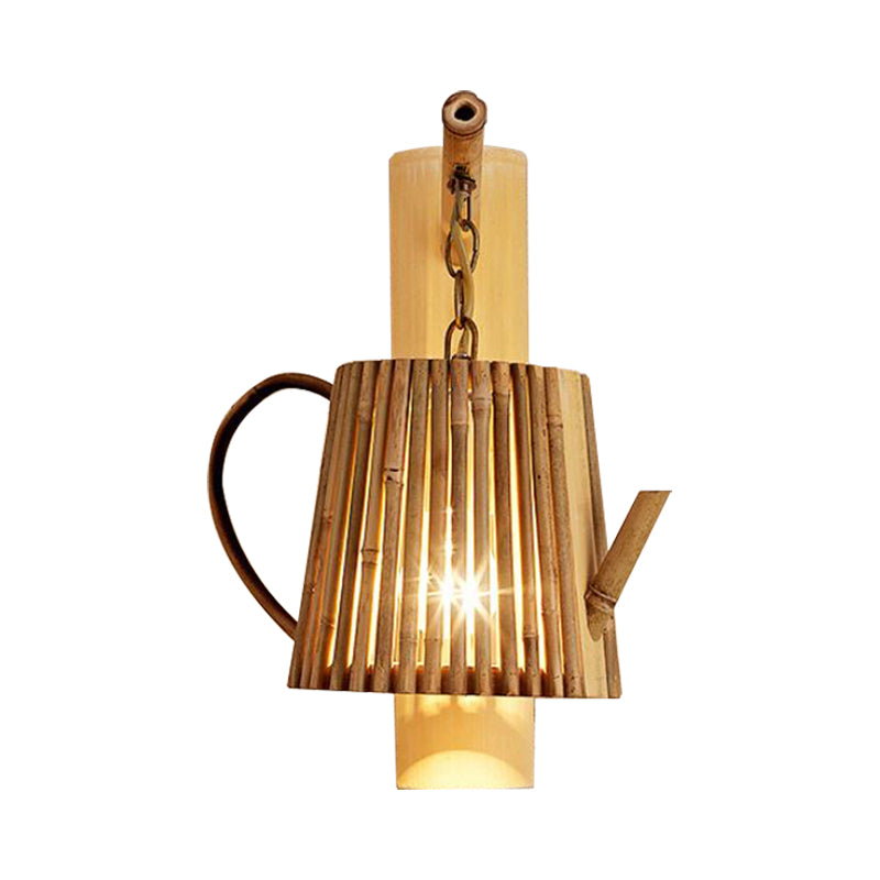 Wood Cylinder/House/Teapot Wall Lamp Tradition Bamboo 1 Bulb Sconce Light Fixture with Curved/Halfcylinder Arm Clearhalo 'Modern wall lights' 'Modern' 'Wall Lamps & Sconces' 'Wall Lights' Lighting' 262382