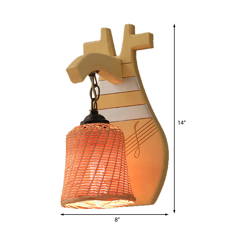 Wood Kettle/Bell/Trumpet Sconce Light Traditionary Bamboo 1 Bulb Up/Down Wall Mounted Lamp with Hemicylinder/Block Backplate Clearhalo 'Modern wall lights' 'Modern' 'Wall Lamps & Sconces' 'Wall Lights' Lighting' 262398