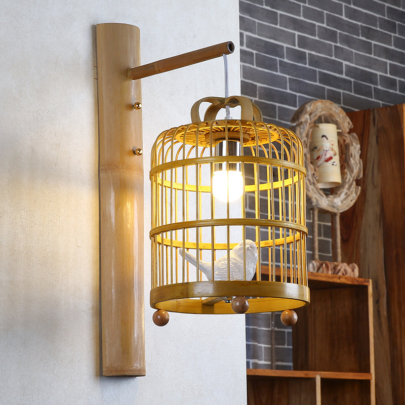 Wood Cage Sconce Lamp Asian 1 Bulb Bamboo Wall Mount Light Fixture with White Bird Deco Wood Clearhalo 'Modern wall lights' 'Modern' 'Wall Lamps & Sconces' 'Wall Lights' Lighting' 262491