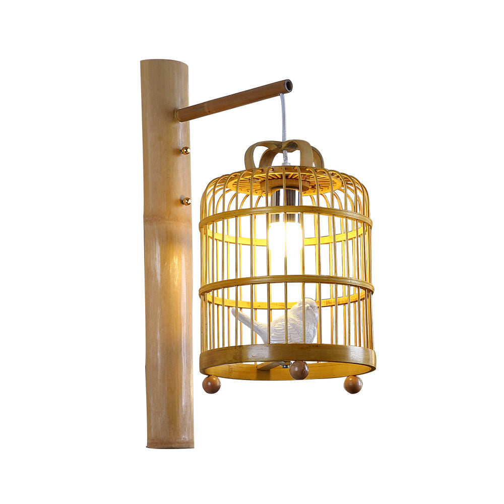 Wood Cage Sconce Lamp Asian 1 Bulb Bamboo Wall Mount Light Fixture with White Bird Deco Clearhalo 'Modern wall lights' 'Modern' 'Wall Lamps & Sconces' 'Wall Lights' Lighting' 262493