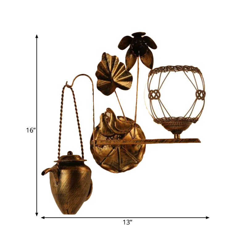 Milky Glass Antique Brass Sconce Lamp Orb 1-Light Country Style Wall Mount Lighting for Dining Room Clearhalo 'Wall Lamps & Sconces' 'Wall Lights' Lighting' 262691