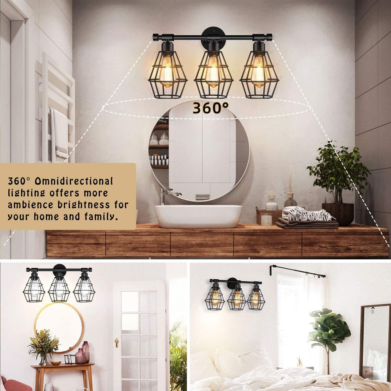 Cage Shade Vanity Wall Light Retro Industrial Style Metal 3 Light Vanity Light Clearhalo 'Vanity Lights' 'Wall Lights' Lighting' 2627455