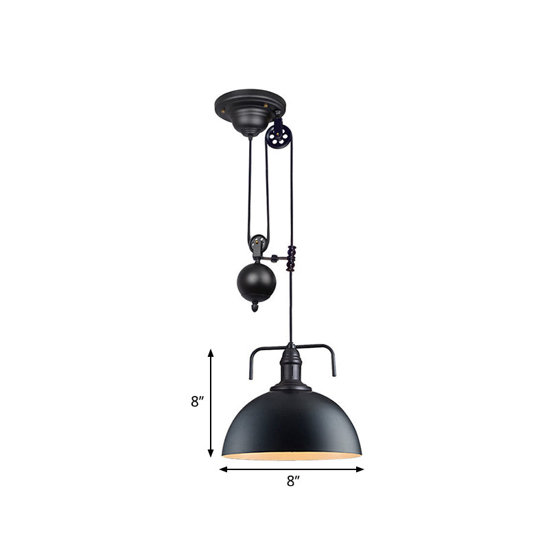 Black Dome Hanging Lighting Warehouse Style 1 Light Metallic Pendant Light Fixture with Pulley Design, 8