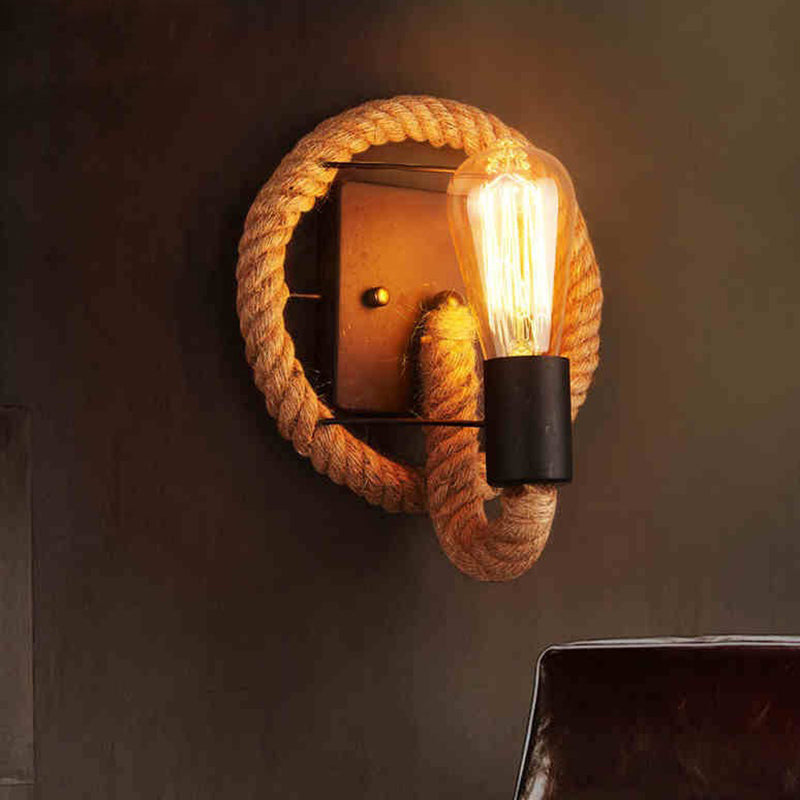 Wagon Wheel Indoor Wall Lighting Lodge Style Wall Mount Light with Rope Shade Clearhalo 'Wall Lamps & Sconces' 'Wall Lights' Lighting' 2627980