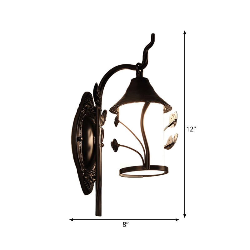 Flower/Leaf/Metal Frame Corridor Wall Lamp Country Style Milky Glass 1 Light Black Sconce Light Fixture Clearhalo 'Wall Lamps & Sconces' 'Wall Lights' Lighting' 262836