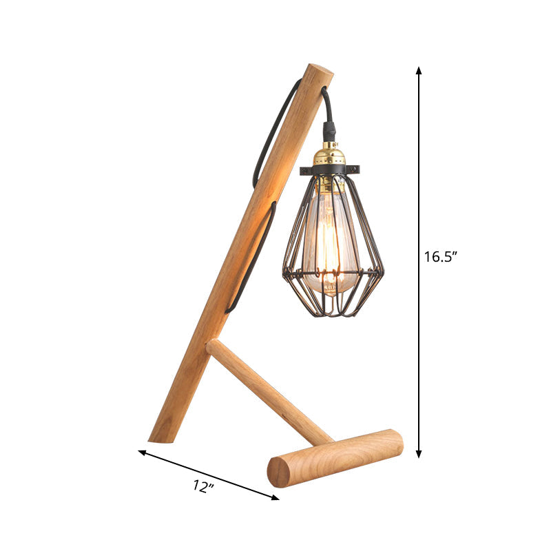 Metallic Caged Table Lighting Industrial Style 1 Light Beige Table Lamp with Wooden Base for Living Room Clearhalo 'Lamps' 'Table Lamps' Lighting' 262845