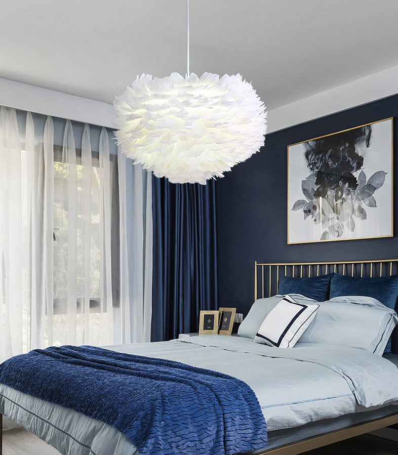 Art Deco White Feather Pendant Lighting Modern Nordic Creative Globe Hanging Ceiling Light for Bedroom Clearhalo 'Ceiling Lights' 'Pendant Lights' 'Pendants' Lighting' 2629110