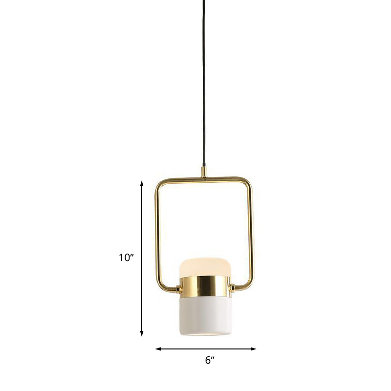 Square Frame Pendant Ceiling Light Modern Metal 1 Head Gold Hanging Light Kit with Cylinder White Glass Shade Clearhalo 'Ceiling Lights' 'Modern Pendants' 'Modern' 'Pendant Lights' 'Pendants' Lighting' 262928