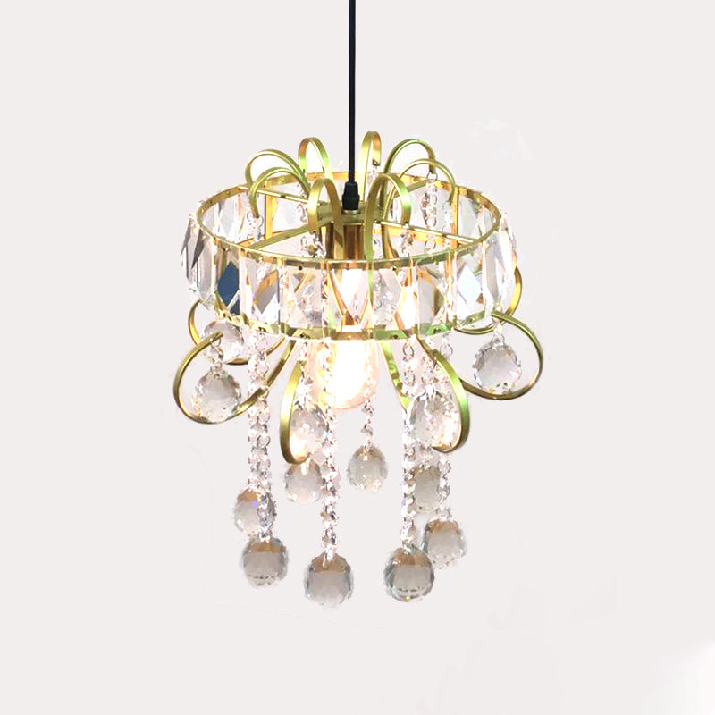 Circular Mini Suspension Pendant Light Simple Iron Frame 1 Bulb Gold Ceiling Light Fixture with Crystal Droplet Clearhalo 'Ceiling Lights' 'Modern Pendants' 'Modern' 'Pendant Lights' 'Pendants' Lighting' 263659