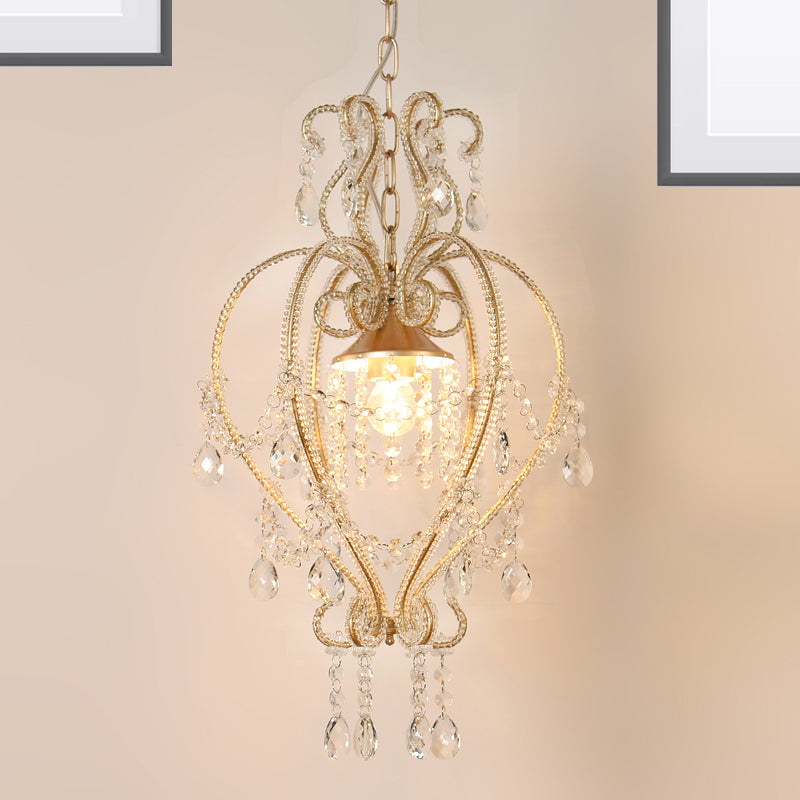 Scroll Frame Pendant Lamp Victorian Style Metallic Single Golden Ceiling Light with Dangling Crystal Accent Clearhalo 'Ceiling Lights' 'Modern Pendants' 'Modern' 'Pendant Lights' 'Pendants' Lighting' 263673