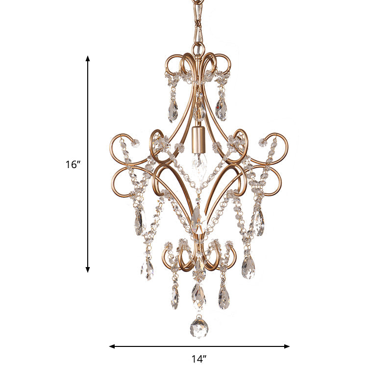 French Style Curvy Armed Ceiling Suspension Lamp 1 Bulb Metal Hanging Ceiling Pendant with Crystal Draping in Gold Clearhalo 'Ceiling Lights' 'Modern Pendants' 'Modern' 'Pendant Lights' 'Pendants' Lighting' 263682