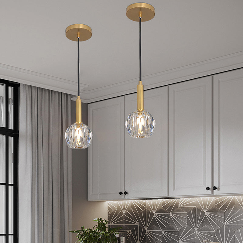 Clear Crystal Faceted Ball Pendant Simple 1-Light Dining Room Hanging Lamp Kit in Gold Clearhalo 'Ceiling Lights' 'Modern Pendants' 'Modern' 'Pendant Lights' 'Pendants' Lighting' 263706