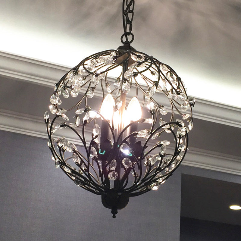 Traditional Floral Sphere Hanging Chandelier 3-Light Black/Bronze Iron Suspension Lamp with Crystal Accent Clearhalo 'Ceiling Lights' 'Chandeliers' 'Modern Chandeliers' 'Modern' Lighting' 263747