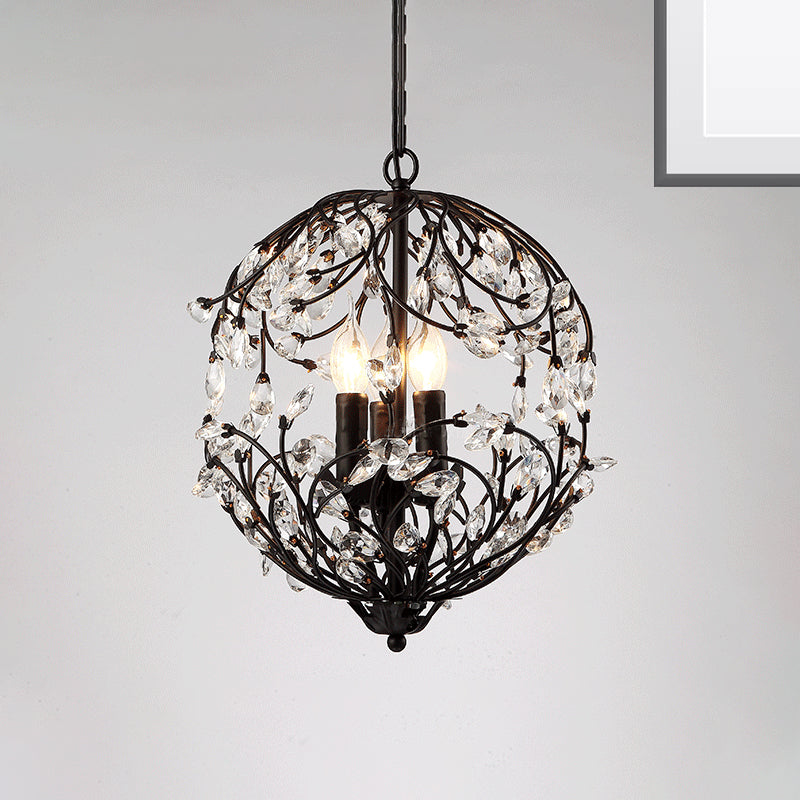 Traditional Floral Sphere Hanging Chandelier 3-Light Black/Bronze Iron Suspension Lamp with Crystal Accent Black Clearhalo 'Ceiling Lights' 'Chandeliers' 'Modern Chandeliers' 'Modern' Lighting' 263748