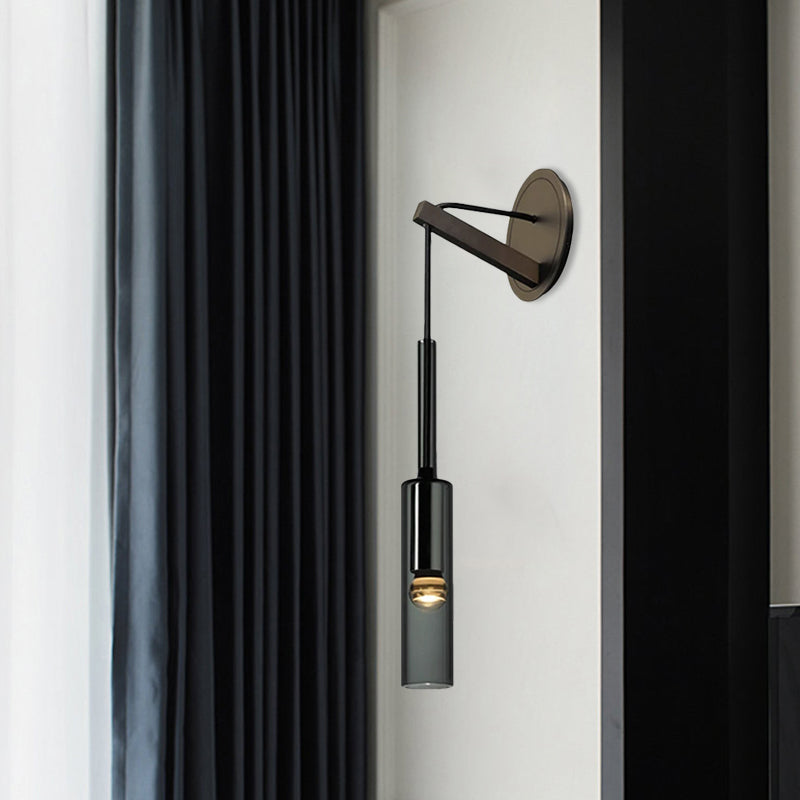 Cylinder Smoke Grey Crystal Sconce Simplicity 1 Light Wall Mounted Light with Black Arm Black Clearhalo 'Wall Lamps & Sconces' 'Wall Lights' Lighting' 264020