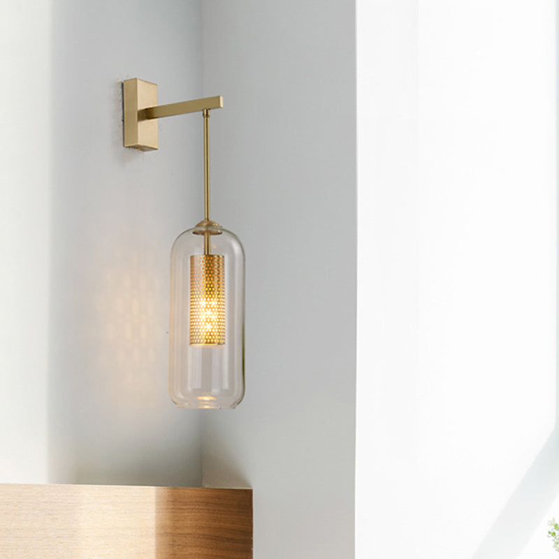 Clear Glass Capsule Wall Light Sconce Modern Stylish 1 Bulb Gold Arm Indoor Wall Lighting Gold Clearhalo 'Wall Lamps & Sconces' 'Wall Lights' Lighting' 264026