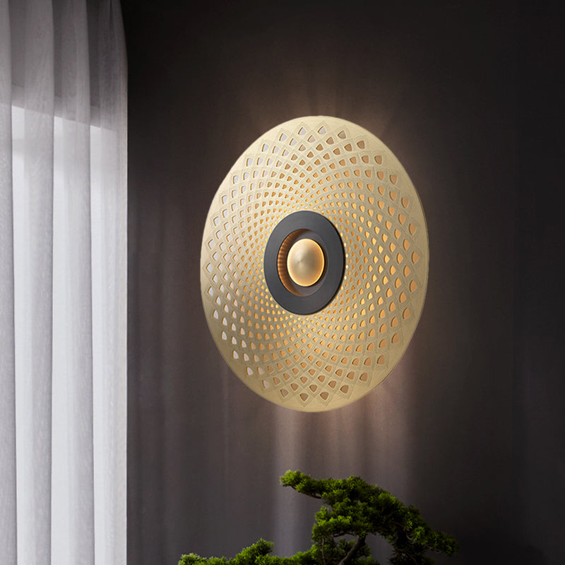 Colonial Round Wall Mounted Lighting LED Metal Flush Mount Wall Sconce in Gold for Bedroom Clearhalo 'Wall Lamps & Sconces' 'Wall Lights' Lighting' 264044