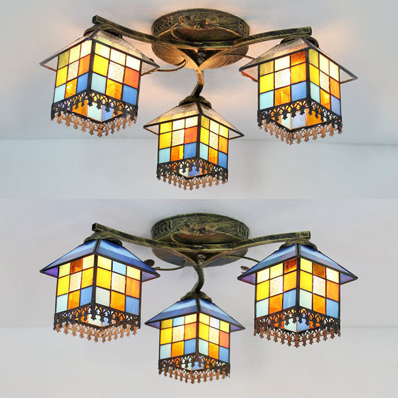 Blue/Clear Small House Ceiling Light Tiffany Stained Glass 3 Lights Flush Mount Ceiling Light for Bedroom Clearhalo 'Ceiling Lights' 'Close To Ceiling Lights' 'Close to ceiling' 'Glass shade' 'Glass' 'Semi-flushmount' 'Tiffany close to ceiling' 'Tiffany' Lighting' 26405